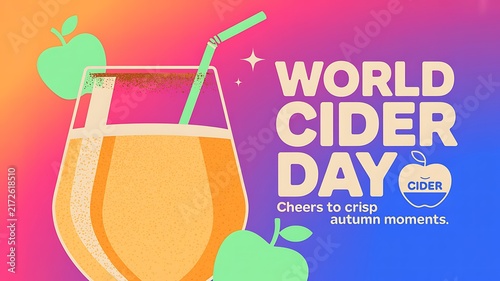 World cider day graphic banner featuring a refreshing glass of apple cider with fresh green apples