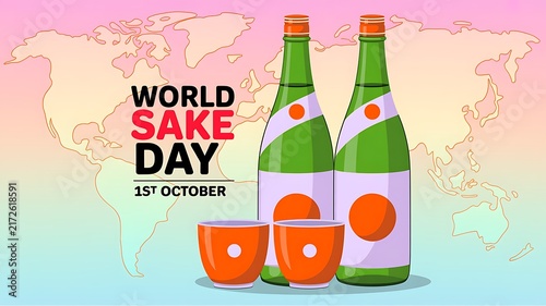 World sake day promotional banner featuring traditional japanese rice wine bottles and small serving cups