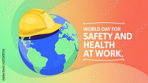 World day for safety and health at work concept design featuring a yellow hardhat helmet resting on a globe