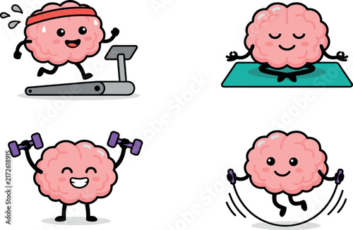 Cute Cartoon Brain Character Health and Fitness Concept Set Doing Meditation Running Lifting Dumbbells and Skipping Rope Vector Illustration