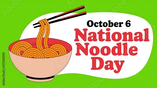 National noodle day banner featuring ceramic bowl of hot noodles lifted with chopsticks on green background