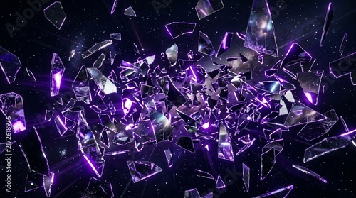 Explosion Of Shattered Glass Shards With Glowing Purple Light In Dark Space Background