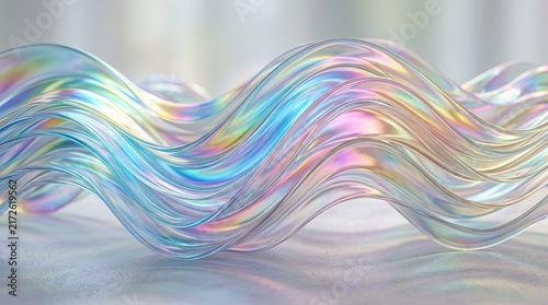 Abstract Iridescent Wavy Glass Curves With Soft Light Reflections On A Smooth Surface