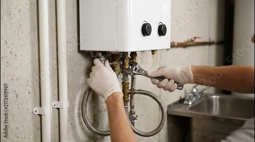 Professional technician's gloved hands meticulously connecting plumbing pipes on a white wall-mounted water heater, ensuring proper installation or repair