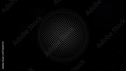Futuristic 4K animation featuring a rotating three-dimensional sphere formed from thousands of glowing points with extended motion trails. A dark cosmic background with stars and floating dust.