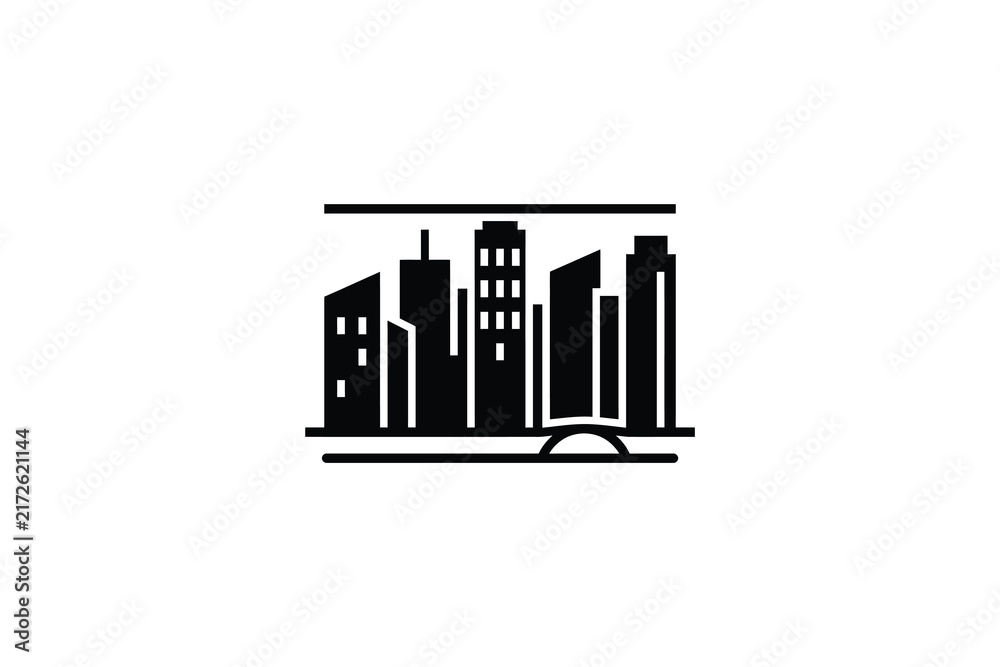 Obraz premium Minimalist black and white cityscape skyline vector icon illustration.