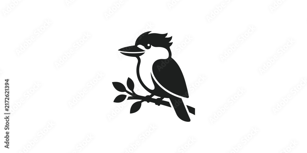 Fototapeta premium Minimalist black and white kookaburra bird perched on a tree branch vector illustration.