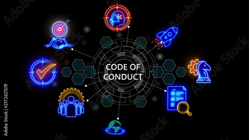 Fotografie Code of conduct compliance concept featuring glowing neon of target, rocket, che