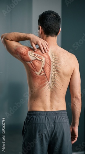 Man Showing Back Pain with Muscles and Spine Anatomy Overlay