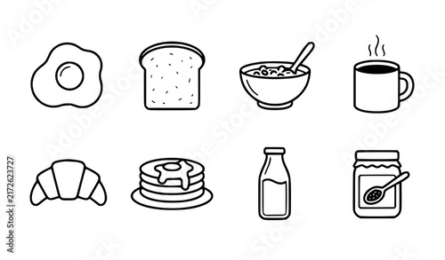 Breakfast Food Vector Icon Set with Fried Egg Bread Cereal Coffee Croissant Pancakes Milk and Honey Jar