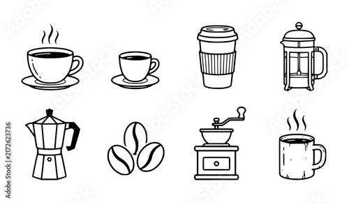 Coffee Brewing and Beverage Vector Icon Set with Coffee Cups French Press Moka Pot Beans Grinder and Travel Mug
