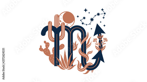Scorpio Zodiac Sign with Desert Plants and Celestial Elements