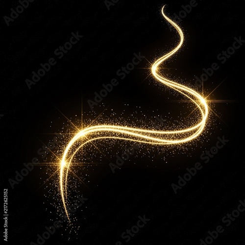 Abstract golden glowing light trail with magical glitter particles.