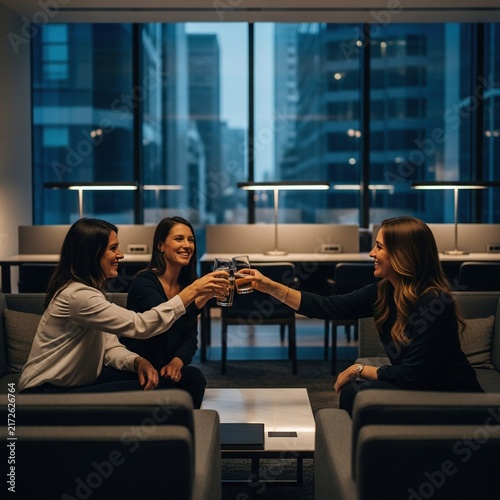Three Professional Women Celebrating Success with Drinks in a Modern Office Lounge.