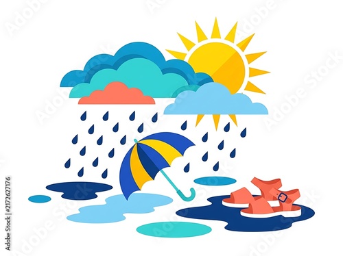 Summer Heat and Rain Weather Illustration with Sun, Umbrella and Raindrops