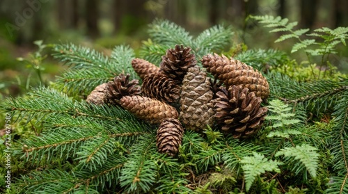 Brown pinecones on green spruce branches in a forest, natural woodland seasonal background.