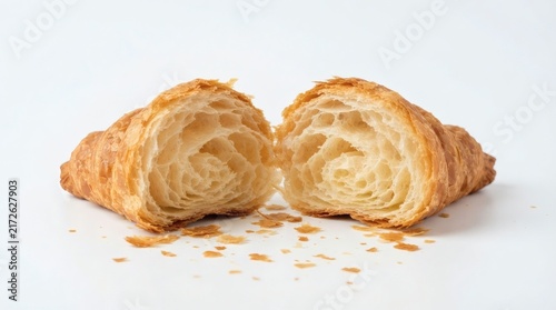 Single Croissant Torn Half Flaky Honeycomb Layers Inside Crumbs Scattered Pure White Background


