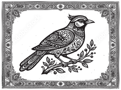 Obraz na plátne Vintage ornate bird illustration with elaborate border frame