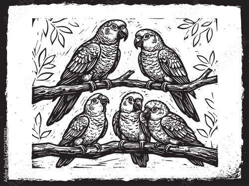 Foto Vintage parrot bird illustration, antique woodcut style engraving, retro vector