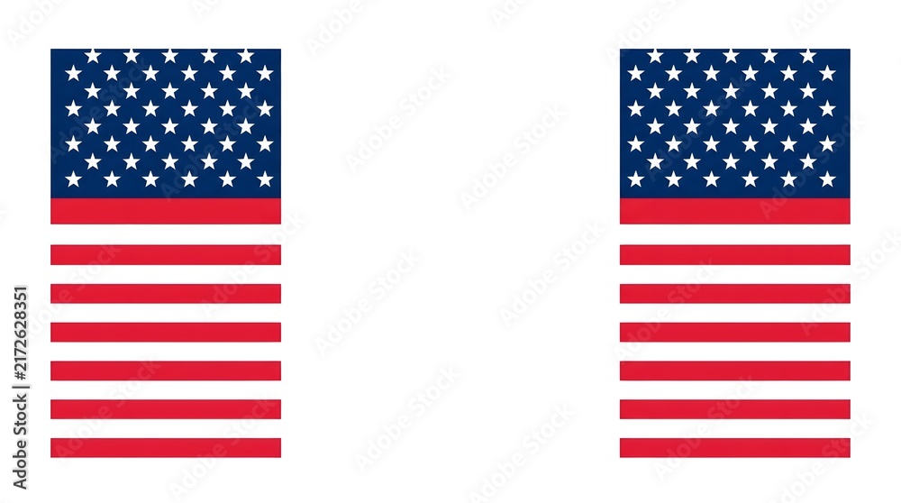 Fototapeta premium Two american flags waving side by side against a plain white background