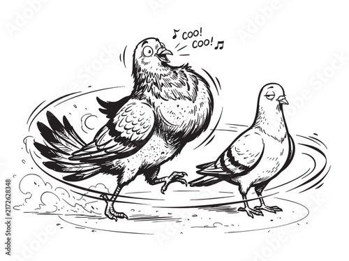 Foto Funny dancing pigeons illustration with cool doodle style