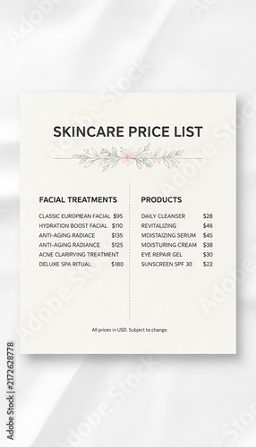 Skincare Price List Sheet on White Background