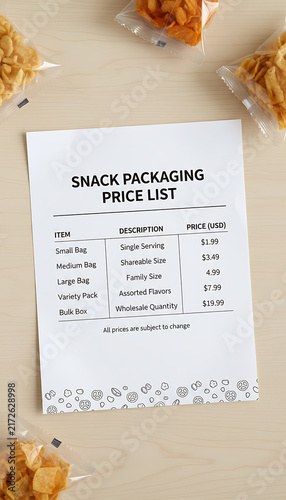 Snack Packaging Price List on Wooden Surface with Bagged Chips