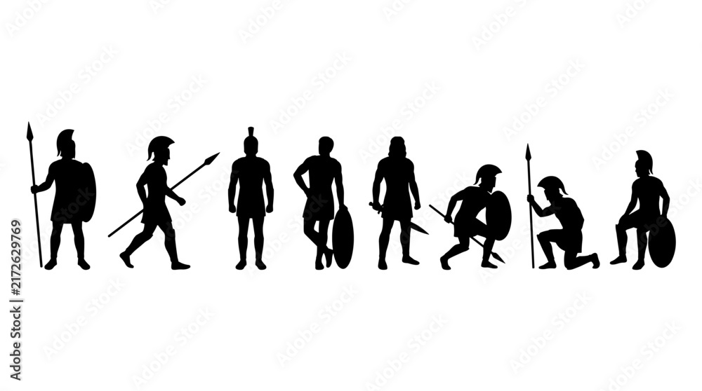 Obraz premium Set of ancient greek warrior silhouettes, soldiers with spears and shields in various poses, historical military fighters, flat vector illustration