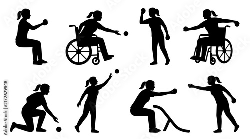 Set of boccia player silhouettes in various action poses, adaptive sports athletes, inclusive recreation, competitive ball game precision, sporting