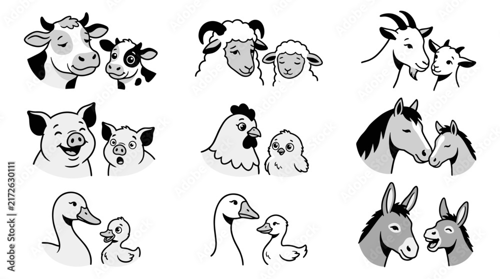 Obraz premium Set of farm animal mothers and babies, cow, sheep, goat, pig, chicken, horse, goose, donkey, flat icons, simple black and white vector illustration