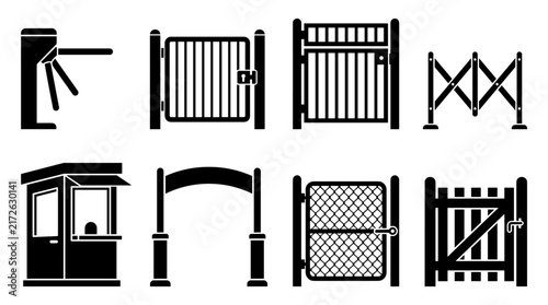 Set of eight flat black icons depicting public access control gates, turnstiles, security booths, and entry barriers for infrastructure
