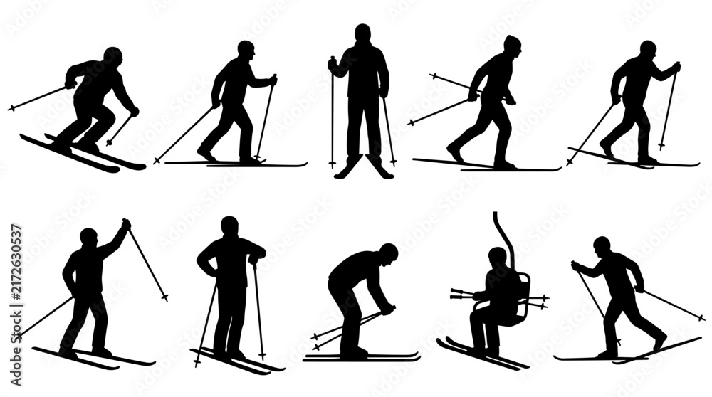 Fototapeta premium Set of black silhouettes of skiers in various positions and actions, winter sports, mountain leisure, slope activity, outdoor recreation theme