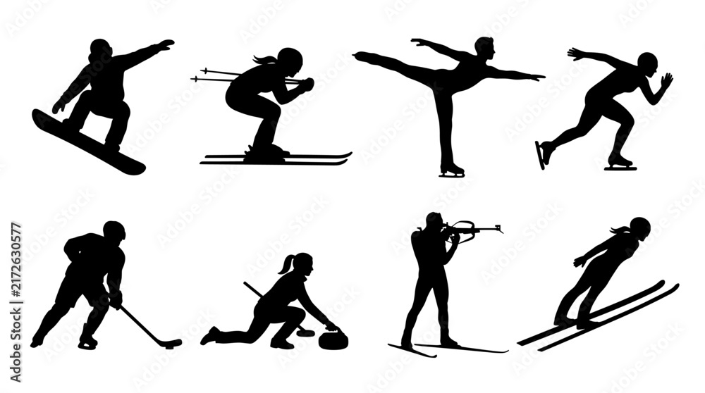 Fototapeta premium Set of winter sports silhouettes, ice skating, skiing, snowboarding, curling, ice hockey, biathlon, athlete movement, active recreation