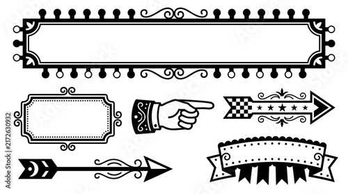 Set of decorative vintage frames, pointers, and ornate arrows, black and white flourishes, classic Victorian style dividers, headers, ideal for