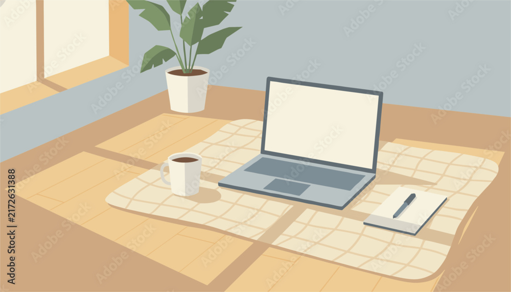 Fototapeta premium Open laptop sits on a plaid blanket on a wooden floor near a houseplant and a mug of coffee in a bright cozy home office environment setting.