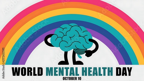 World mental health day concept poster featuring a brain character under a rainbow psychology wellness depression