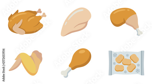 Set of raw and cooked chicken meat icons, whole poultry and drumstick, nugget pack, food menu element, protein nutrition, culinary preparation