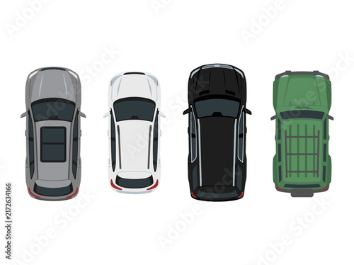 Top down view of four different passenger vehicles, city traffic simulation elements, urban planning and parking management, automotive