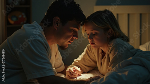 Couple Reading Book Together in Bed at Night