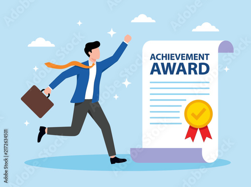 Successful Businessman Running toward Achievement Award Certificate Flat Illustration
