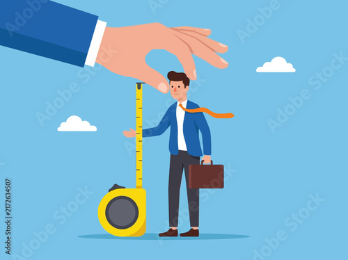 Business Performance Evaluation and Employee Assessment Concept with Giant Hand Measuring a Small Businessman