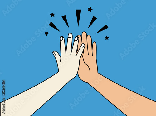 High-five illustration representing teamwork, success, and celebration on a blue background.