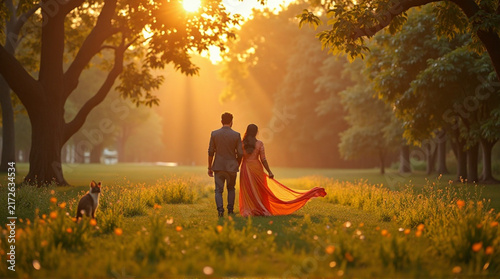 Couple Walking with Dog in Sunny Park