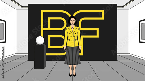 Fashionable Woman in Yellow Blazer Standing in Modern Art Gallery Illustration