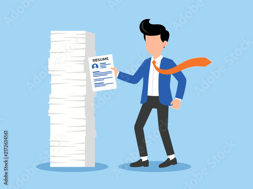 Businessman Recruiter Selecting Resume from Large Stack of Applications, Job Search and Hiring Concept Illustration