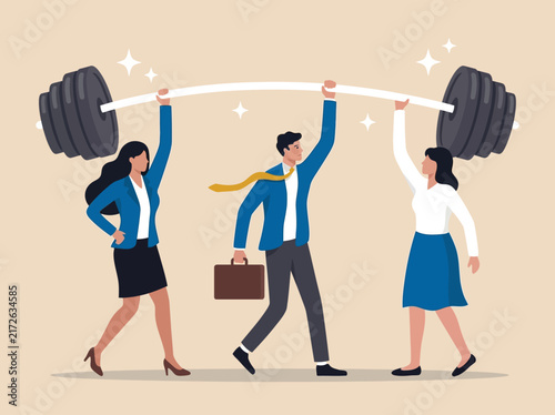Business team lifting a heavy barbell together, concept of teamwork and collaboration
