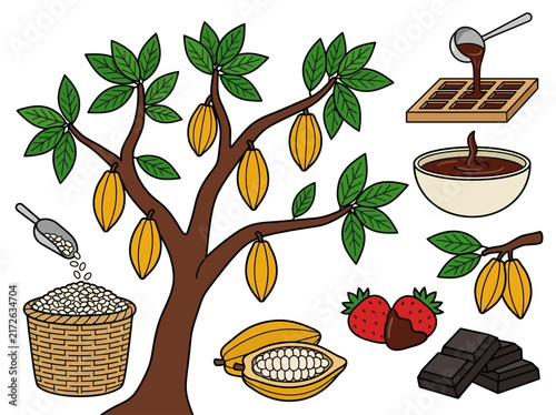 Cocoa Production and Chocolate Making Illustration Set with Tree, Beans, and Sweets