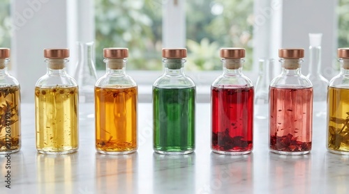 Row of glass bottles with colorful herbal infusions and botanical extracts on a table