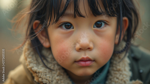 Cute Young Girl with Dark Hair and Rosy Cheeks Looking Directly