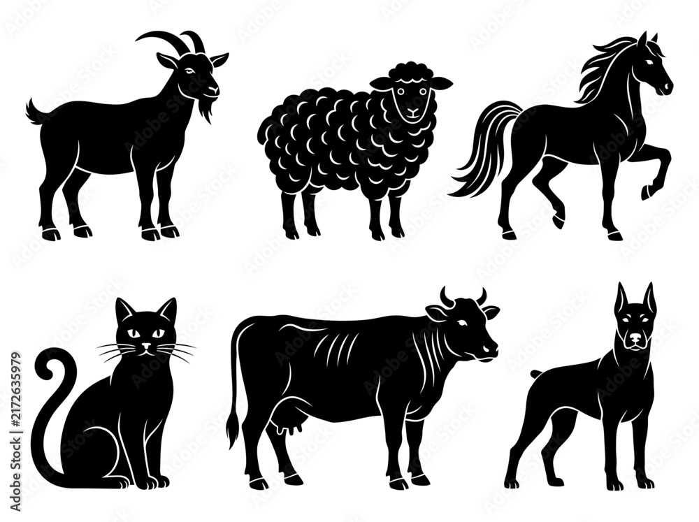 Fototapeta premium Set of minimalist domestic and farm animal silhouettes including horse, cow, goat, sheep, cat, and dog.